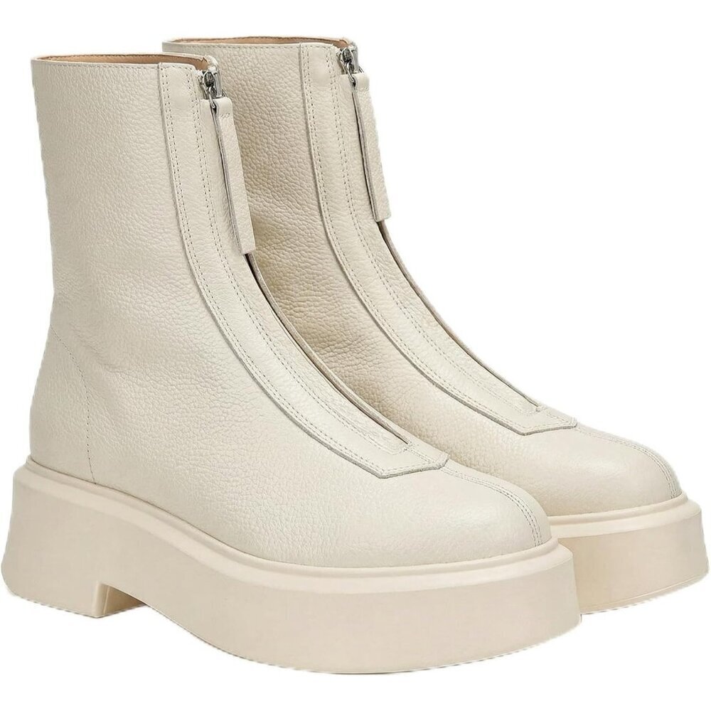 Women's White Leather Platform Chelsea Boots Front Zip Chunky Combat Bootie